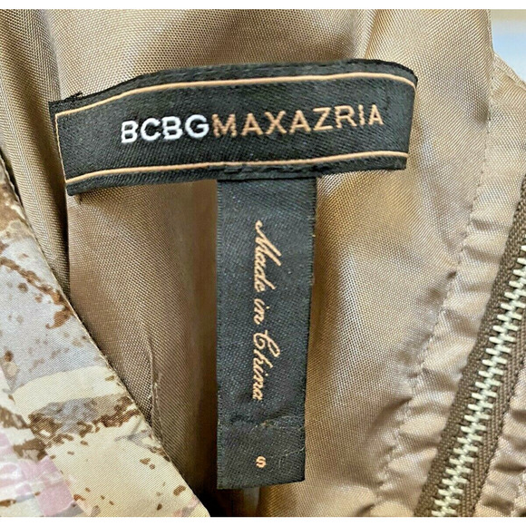 BCBG MaxAzria Silk Top Tan Watercolor Print 3/4 sleeves v-neck tieback dressy S - Picture 6 of 7